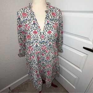 CHARLEE Floral Print Ruffle Collar Boho Tunic Dress